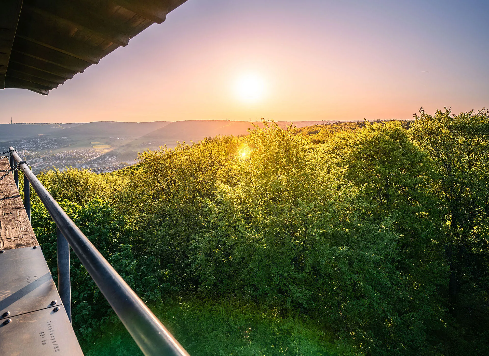 Panoramablick vom Dach ins Grüne bei aufgehender Sonne. 