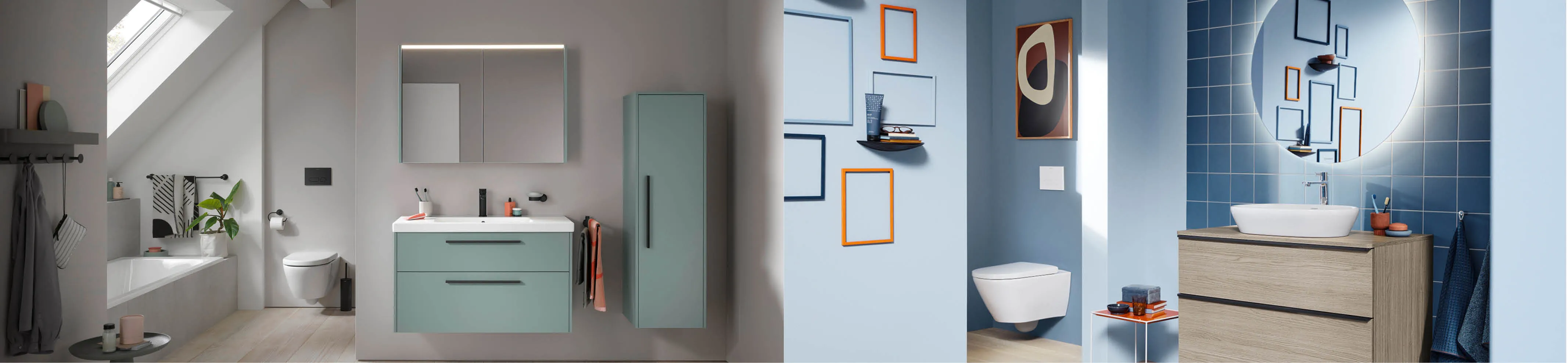 Collage aus zwei modernen Badezimmern mit Duravit D-Code und D-Neo, Waschtisch, WC und stilvollen Farbkonzepten als Inspiration für Badplanung.