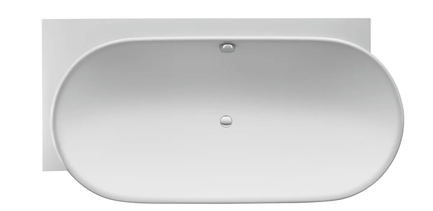 Eine minimalistische, ovale Badewanne in schlichtem Weiß, von oben betrachtet. Die geschwungenen Linien und die glatte Oberfläche unterstreichen das elegante Design. 