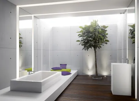 Großes, helles Badezimmer mit freistehender Badewanne, großem Gummibaum und Säulenwaschtisch.