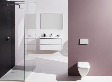 Ein minimalistisches Badezimmer mit einer bodengleichen Dusche, die durch eine Glaswand abgetrennt ist und eine schwarze Wandfliese besitzt.