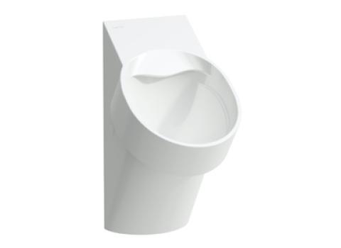 Ein minimalistisches, wandmontiertes Urinal in weißem Keramikdesign. Die runde Form und die glatten Kanten verleihen dem Urinal ein modernes und schlichtes Aussehen. 