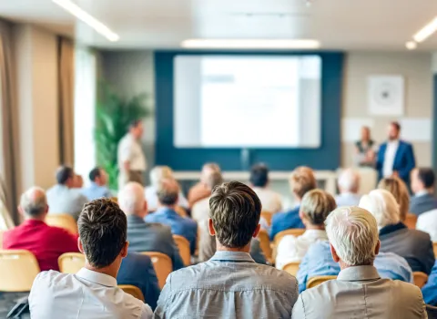 Teilnehmer einer Vortragsveranstaltung in einem Tagungsraum. 