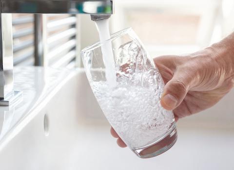 Ein Wasserglas wird von einer Hand unter den Hahn gehalten, während frisches Trinkwasser mit sichtbaren Blasen eingefüllt wird.