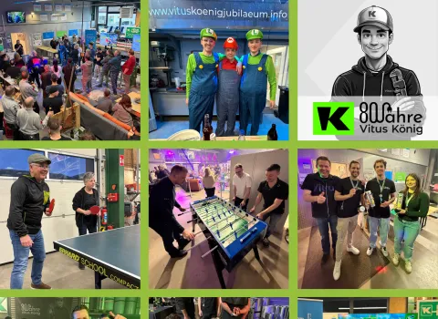 Lebendige Jubiläumsfeier zum 80-jährigen Bestehen von Vitus König mit Spielen, Super-Mario-Kostümen, fröhlichen Gästen und geselligem Miteinander.