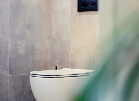 Nahaufnahme des WCs mit schwarzem Bedienfeld mit zwei unterschedlichgroßen Spülungstasten.