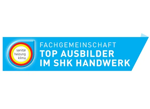 Das Bild zeigt ein offizielles Gütesiegel auf einem blauen Hintergrund mit dem Titel Top Ausbilder im SHK Handwerk.