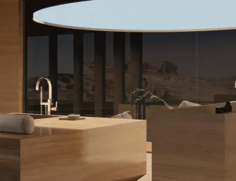 Badezimmer mit sandfarbenem Naturstein und Holz mit den Armaturen MEM von Dornbracht